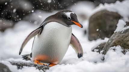 Fototapeta premium A gentoo penguin walks through snow on a rocky shore.