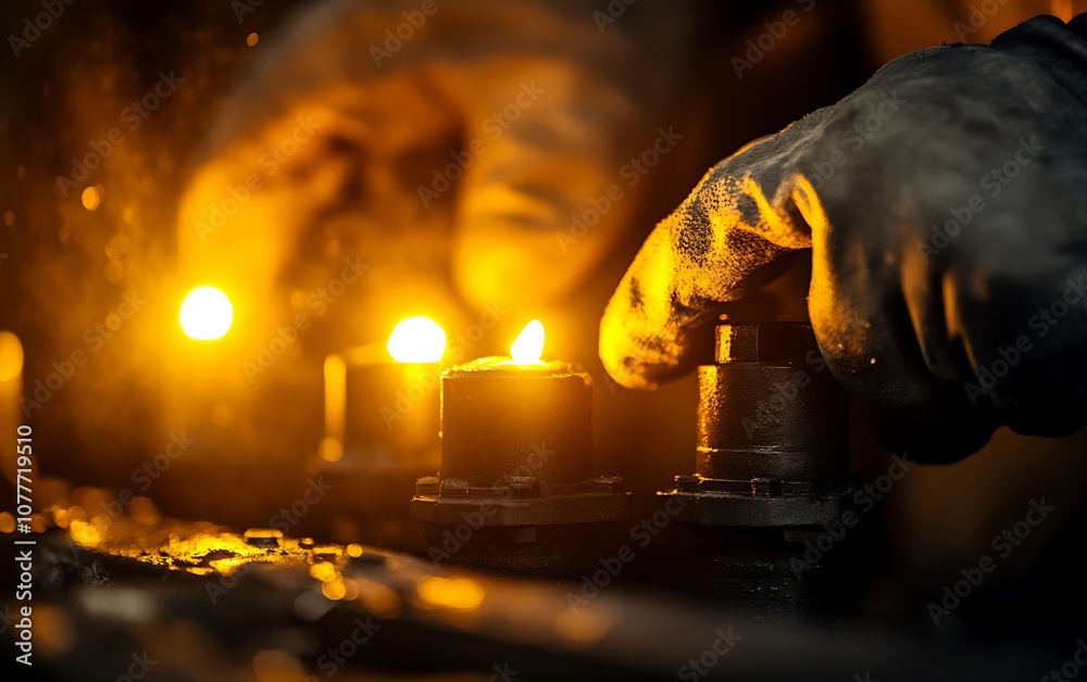 Aufkleber A close-up of gloved hands adjusting glowing candle-like lights in a dimly lit workshop, creating a warm and atmospheric environment.