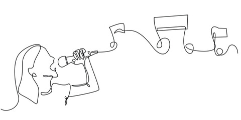 continuous line drawing of girl singing happily.one line drawing singing with mic.single line vector illustration.isolated white background