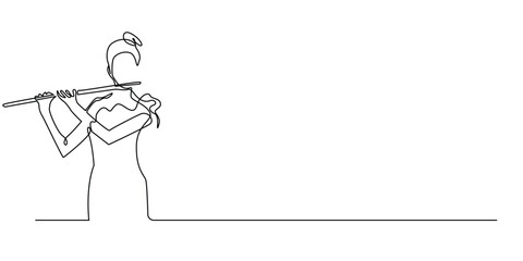 continuous line drawing of female musician playing the flute.one line drawing of woman orchestra flute player.single line music orchestra performance.isolated white background © vionaembun42