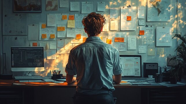 Man is working on ui ux design project. Designer drawing scetch in vector programm with big pencil.