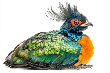 Fototapeta premium A vibrant green, blue, and orange crested bird sits on a white background.