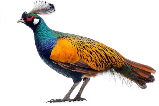 A vibrant male Himalayan monal pheasant with a long, iridescent tail, a blue body, and a red, white, and black face, standing on a white background.