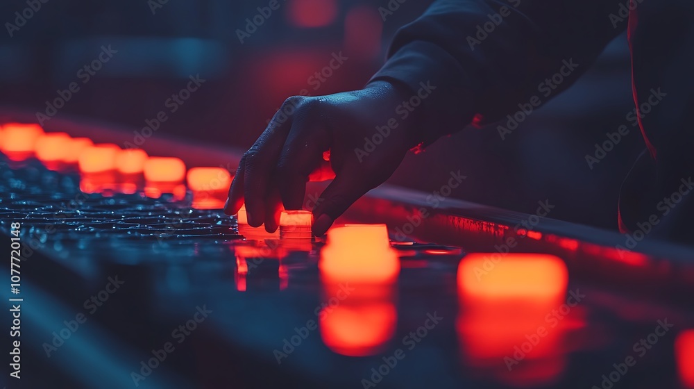Aufkleber a hand adjusting glowing red controls in a dimly lit environment, suggesting a high-tech or artistic