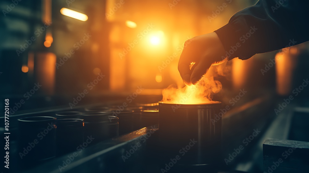 Aufkleber a worker adds material into a glowing container, surrounded by steam and warm light, showcasing an i