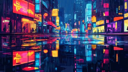 Obraz premium Neon city lights reflect in a rain-slicked street.