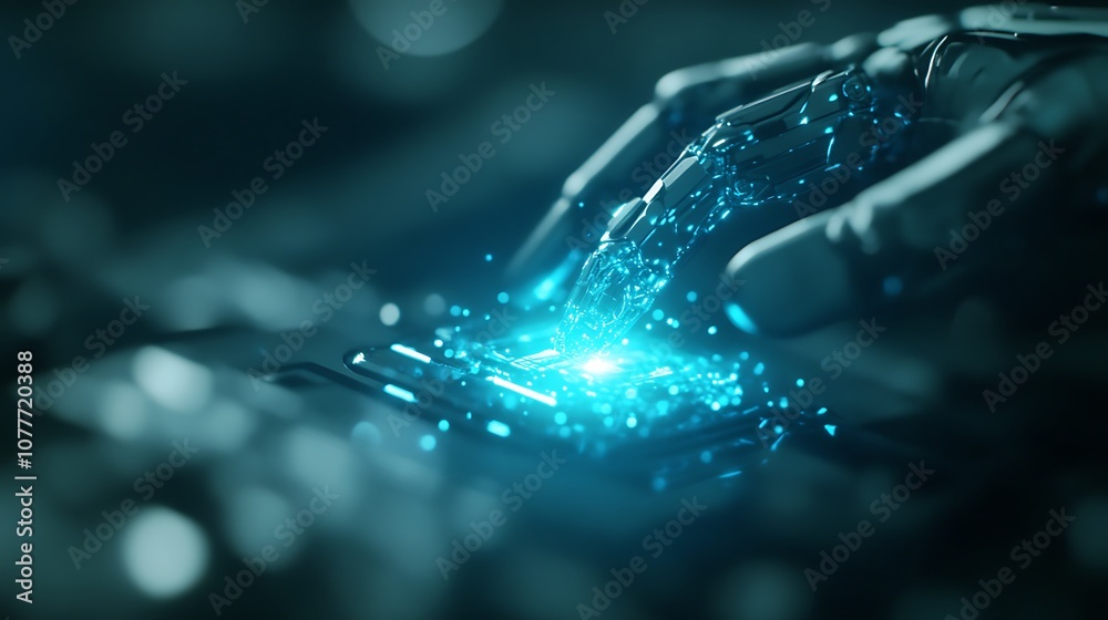Aufkleber A close-up of a robotic hand interacting with a glowing object, emitting shimmering particles in a futuristic digital environment.