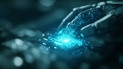 A close-up of a robotic hand interacting with a glowing object, emitting shimmering particles in a futuristic digital environment.