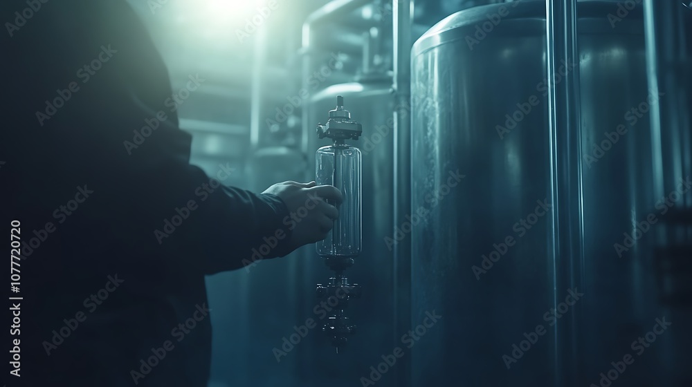 Poster a hand reaches for a valve on a metallic tank in a dimly lit industrial setting, creating a mysterio