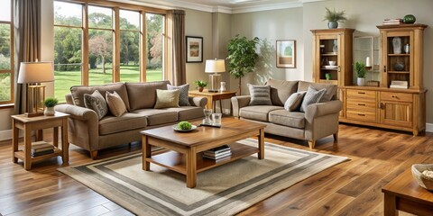 Fototapeta premium Transform your living space with this chic oak furniture set, harmonizing contemporary and classic styles for an elegant atmosphere and inviting comfort.