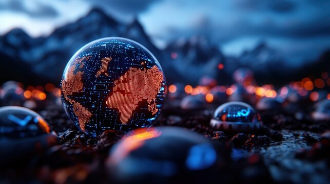 A stunning digital sphere representing the world sits foreground against a serene mountain backdrop at night, embodying technology and connection in nature. - Powered by Adobe