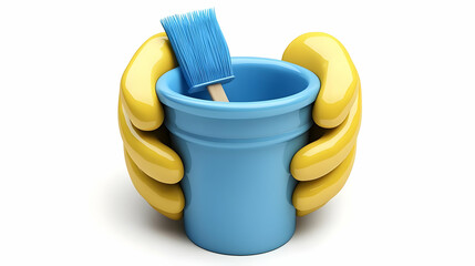 3D Illustration of Yellow Hands Holding a Blue Cup with a Brush