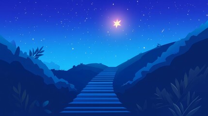 Fototapeta premium A stairway leading up to a bright star in a dark, starry night sky.
