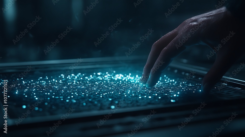 Aufkleber A hand gently interacts with a glowing, blue digital surface filled with shimmering particles, creating a mesmerizing visual effect.