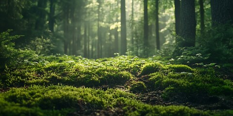 Obraz premium Sunbeams through Trees in Forest with Lush Green Moss