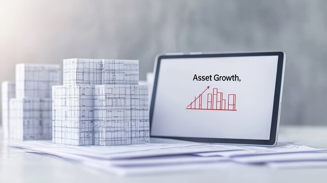 A digital tablet displays an asset growth chart alongside architectural models on a desk, symbolizing investment and financial strategy.