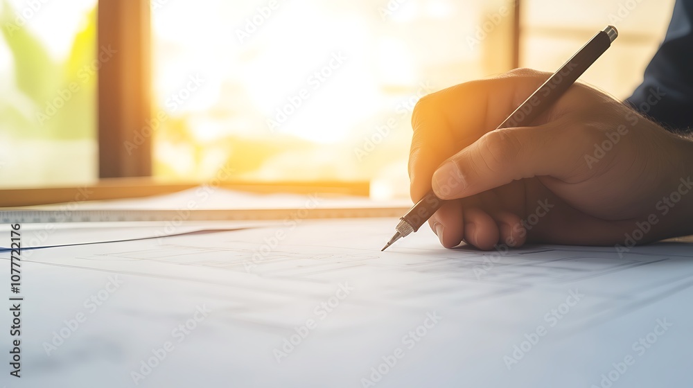 Fototapete a hand holding a pen writes on paper, illuminated by warm sunlight filtering through a window, creat