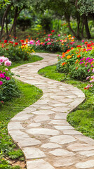 Fototapeta premium A winding stone path through a lush green garden with vibrant blooming flowers.