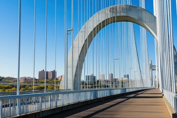Fototapeta premium A modern bridge with a large arch, featuring cables and a pathway for pedestrians.