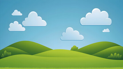 Fototapeta premium Cartoon illustration of a green field with hills and clouds.
