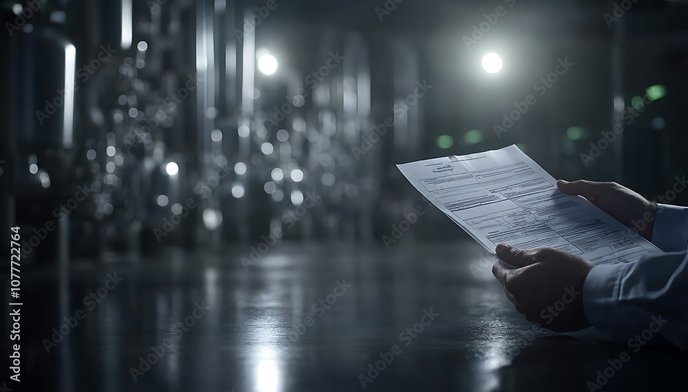 Poster A person holds a sheet of detailed patterns in a dimly lit environment, with industrial elements and soft lighting enhancing the atmosphere.