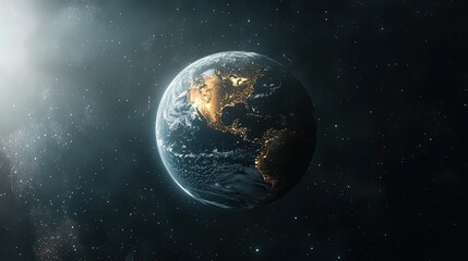 Fototapeta premium A stunning view of Earth from space, showcasing the continents and oceans, illuminated by the sun's rays.