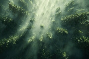 An aerial view of a dense forest with sunlight breaking through the mist.