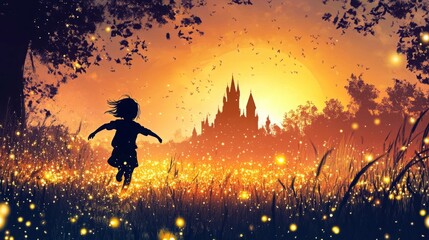 Silhouette of a young girl running through a field of fireflies, a castle in the distance.