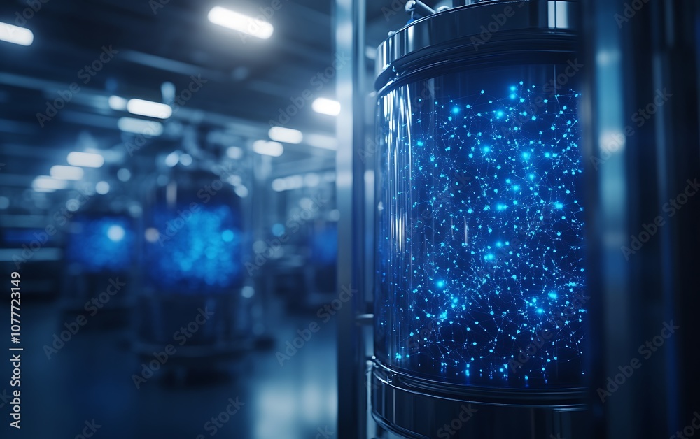 Poster a futuristic laboratory scene featuring glowing blue particles in transparent containers, suggesting