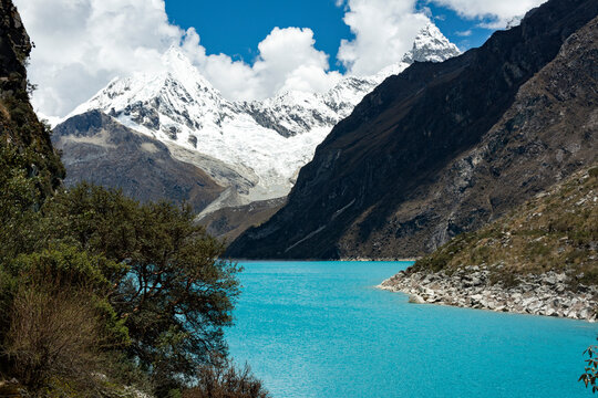 Beautiful turquoise lagoon in the Peruvian Andes called Laguna Paron