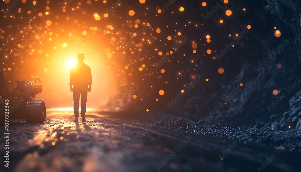Poster a silhouetted figure stands at the end of a dark tunnel, illuminated by a warm, glowing light, creat