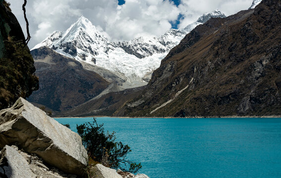 Beautiful turquoise lagoon in the Peruvian Andes called Laguna Paron