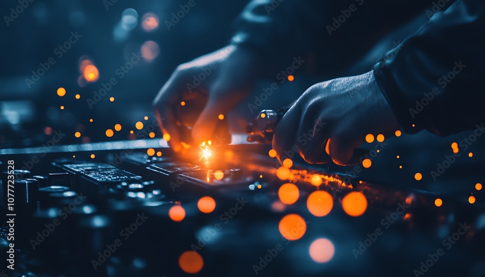 Aufkleber a focused pair of hands operates equipment under a moody, illuminated environment, showcasing creati