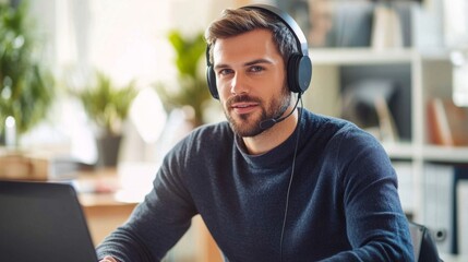 Obraz premium Professional on a video call with teammates, working from a stylish home office, headset and focused expression