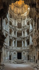 A grand, abandoned architectural structure with intricate details and a dome ceiling.
