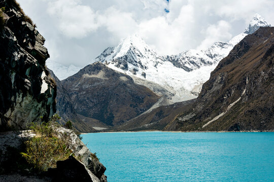 Beautiful turquoise lagoon in the Peruvian Andes called Laguna Paron