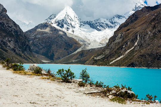 Beautiful turquoise lagoon in the Peruvian Andes called Laguna Paron