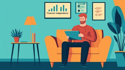 Fototapeta premium A man sits on a couch, engaging with a tablet, surrounded by plants and wall decor, highlighting a cozy, modern living space.