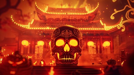 Illuminated skull with glowing lights against the backdrop of a traditional Mexican temple or festival setting during the vibrant Day of the Dead