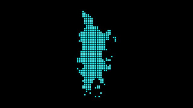 Phuket digital map. Map of Phuket in dotted style. Shape of the island filled with rectangles. Stylish video.