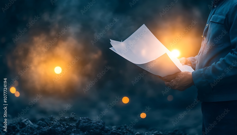 Leinwandbilder a person holds a sheet of paper with glowing orbs in the background, creating a mystical and atmosph