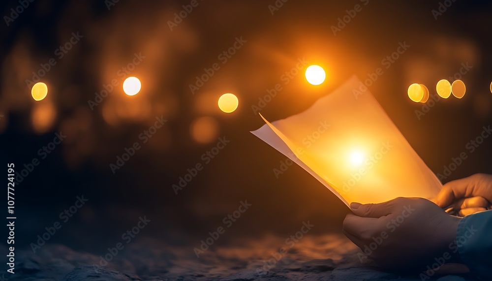 Poster a hand holds a glowing paper amidst a softly lit background, creating a warm and serene atmosphere p