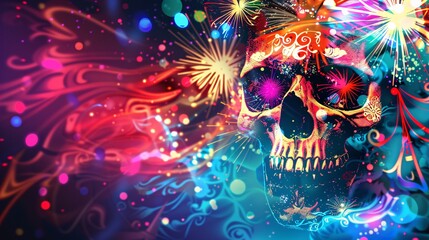 Vibrant and captivating digital of a skull against a backdrop of colorful explosive fireworks and psychedelic glowing effects  This visually striking and surreal artwork evokes a sense of energy