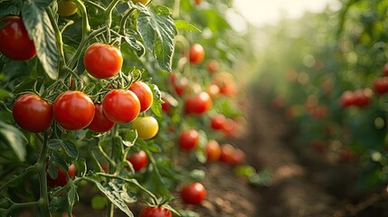 Ripe red tomatoes growing on vine in a greenhouse.