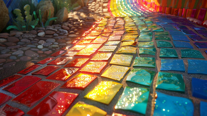Rainbow Mosaic Pathway: A pathway made of mosaic tiles in rainbow colors, symbolizing the journey toward acceptance and inclusivity.