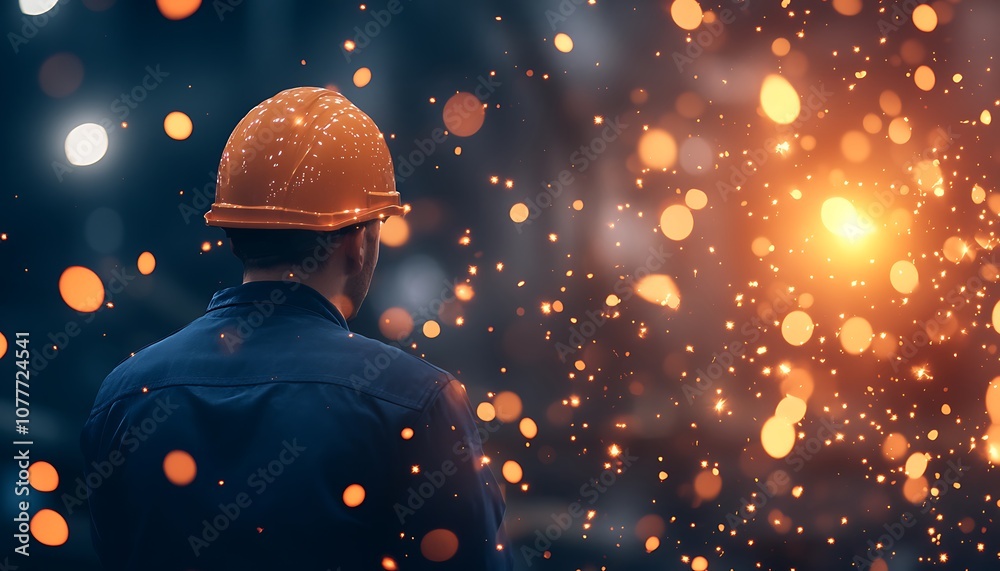 Poster a worker in an orange helmet stands amidst flying sparks, highlighting a dynamic industrial setting 