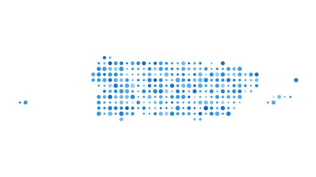 Puerto Rico dotted digital map. Map of Puerto Rico with pulsating colored circles. Shape of the country filled with blue disks. Amazing video.