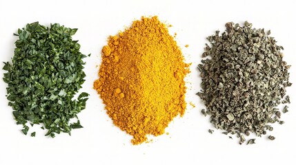 A Colorful Display of Spices and Dried Herbs Featuring Fresh Parsley, Vibrant Turmeric Powder, and Fragrant Dried Oregano Perfect for Culinary Inspiration