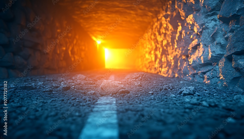Aufkleber a dimly lit tunnel with a glowing orange light at the end, showcasing textured stone walls and a wor