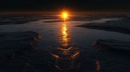 Luminous fallen star resting on a vast black desert landscape with fine dark sand, emitting a soft ethereal glow amidst gentle undulations, creating a surreal and magical atmosphere under a night sky